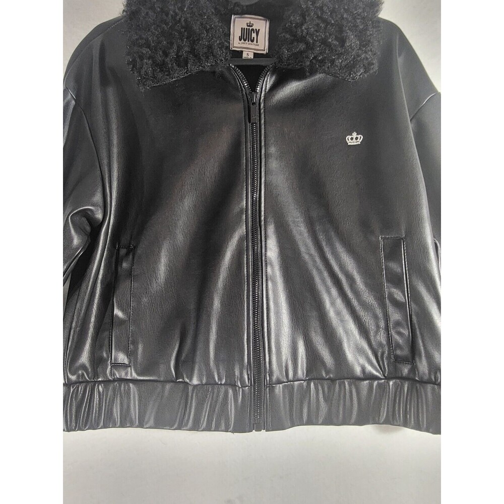 Juicy Couture Womens Bomber Jacket Black Full Zip Faux Fur Collar Size Small Y2K